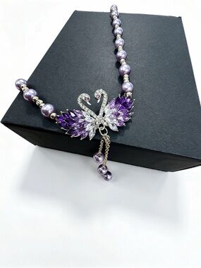 Lavender Swan Crystal Pendant Necklace with Pearl Beads